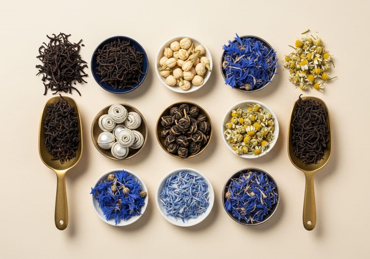 Loose-leaf teas in brass scoops